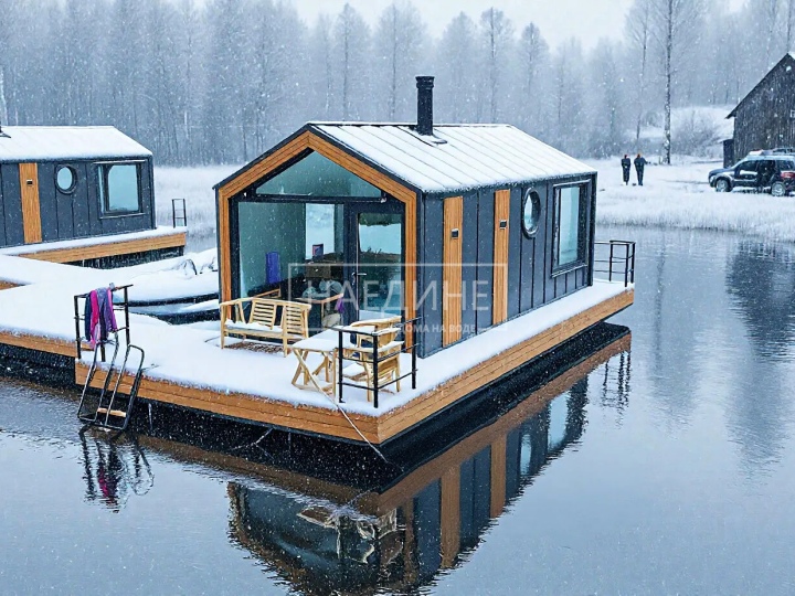 Просторная терраса для отдыха на хаусботе Сила Ветра со стульями | Наедине - дома на воде